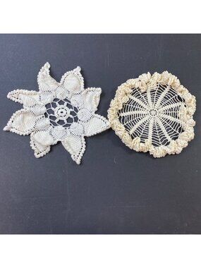 Set of 2 Vintage Handmade Crochet Ivory Lace Doilies Sunburst Spiderweb Patterns
